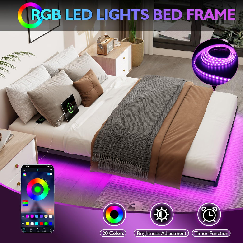 Full Size Metal Platform Bed Frame with LED Lights & Charging Station O14572