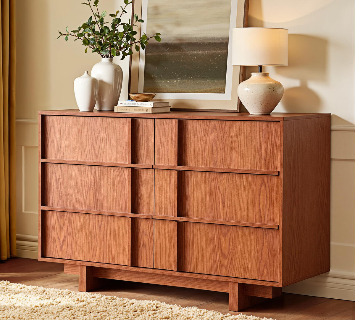 47" Wide 6 Drawer Dresser and Nightstand Set 3 Piece, Cherry N2676