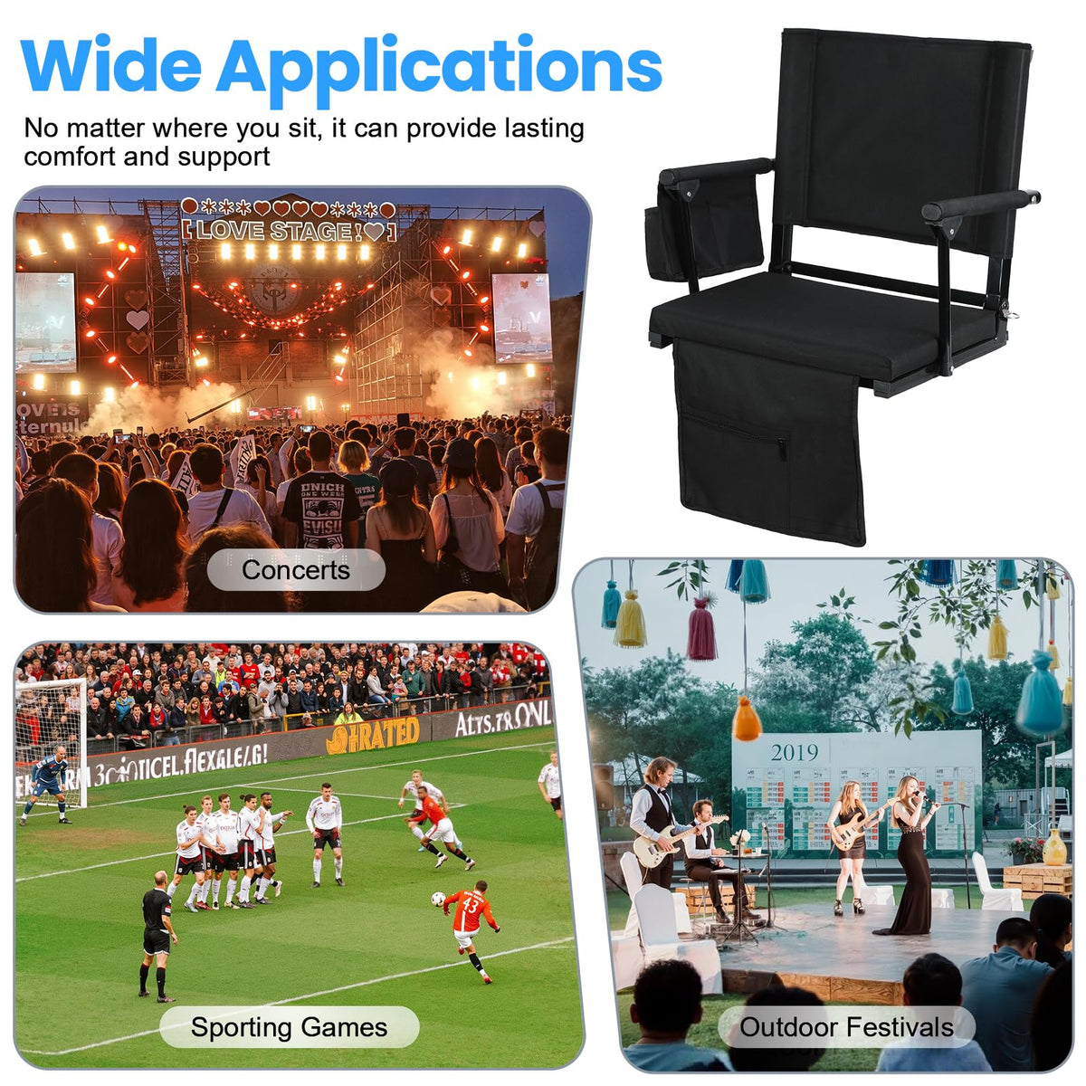 2 Pcs Folding Stadium Seat with Back Support and Cushion M1848