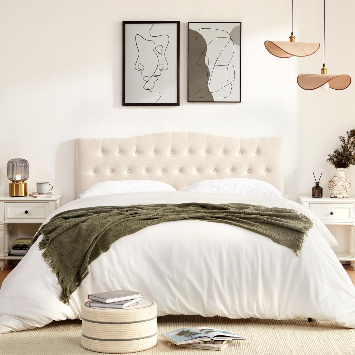 Beige Queen Size Tufted Headboard T1390