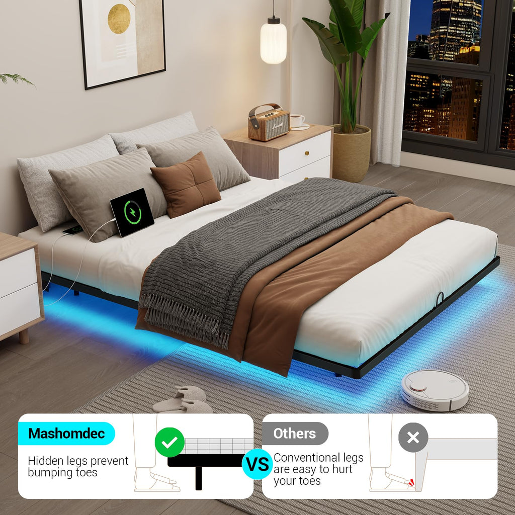 Full Size Metal Platform Bed Frame with LED Lights & Charging Station O14572
