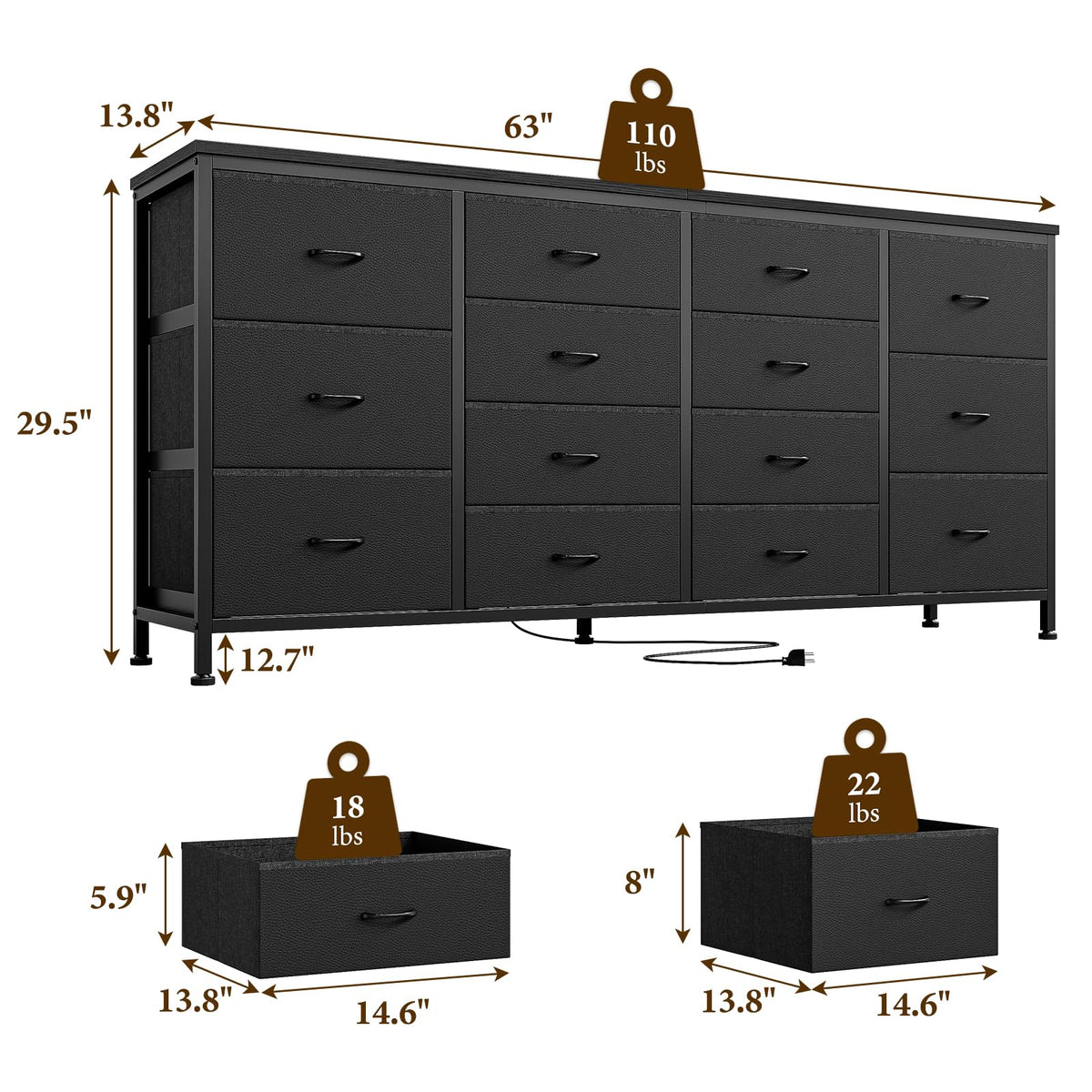 Black 14 Drawer Dresser TV Stand E7020