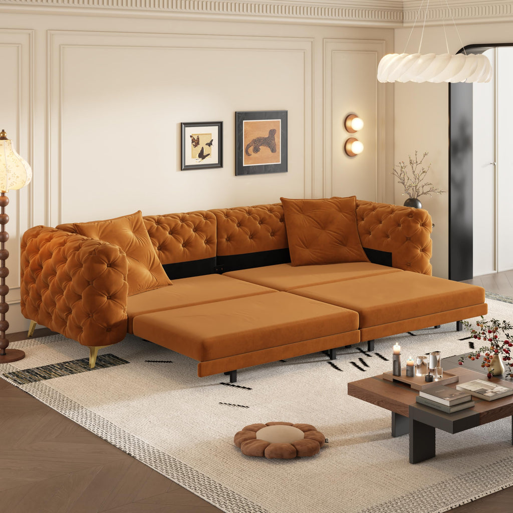 97.7" 3-in-1 Convertible Sleeper Sofa, Tufted Velvet Pull-Out Sofa Bed with Ottoman B3471