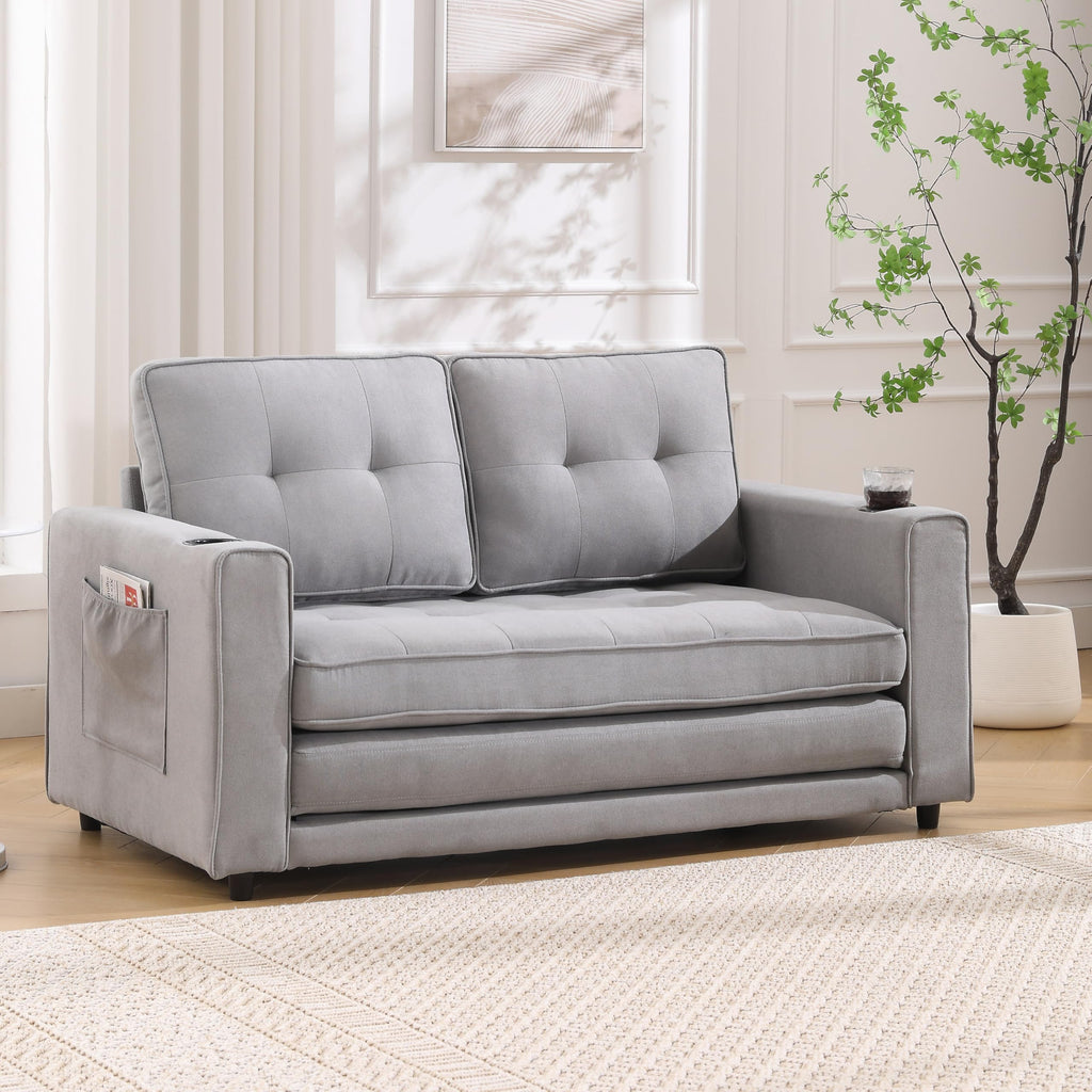 Light Gray Convertible Futon Sofa Bed with Cup Holder U3147
