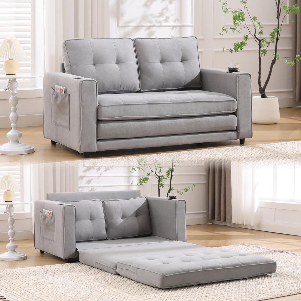 Light Gray Convertible Futon Sofa Bed with Cup Holder U3147