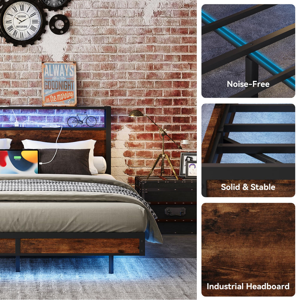 Queen Size Metal Bed Frame with Storage Headboard and Charging Station T434