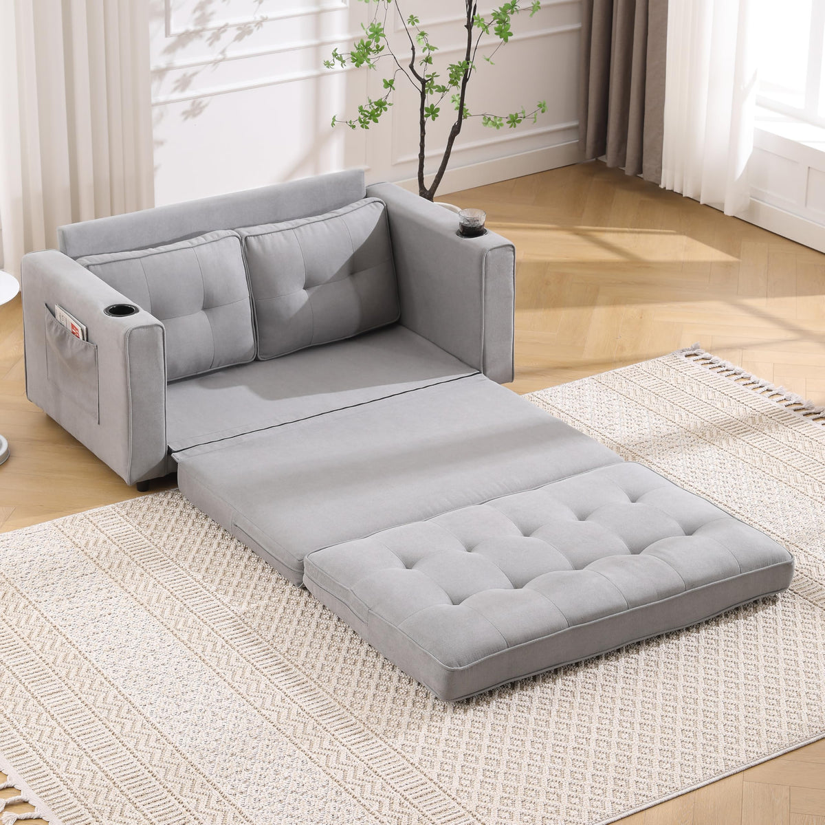 Light Gray Convertible Futon Sofa Bed with Cup Holder U3147