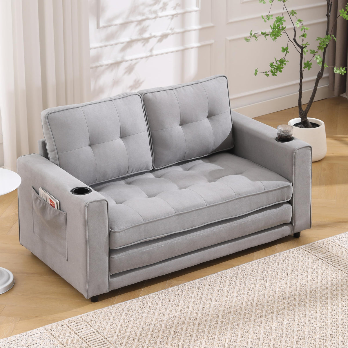Light Gray Convertible Futon Sofa Bed with Cup Holder U3147