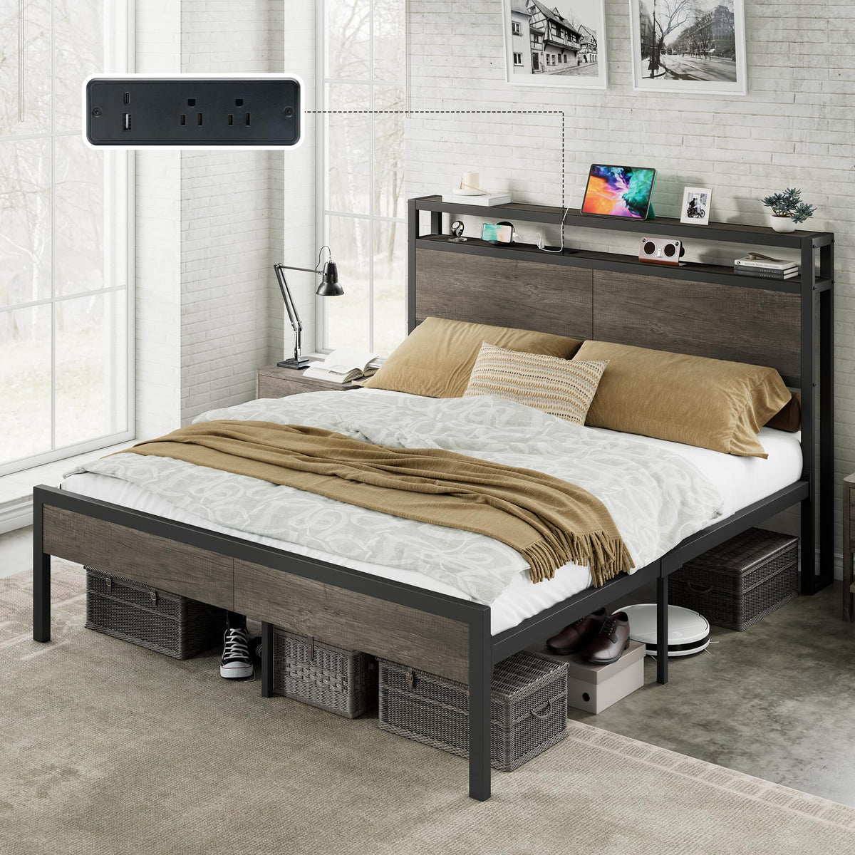 Full Size Metal Bed Frame with Charging Station K849