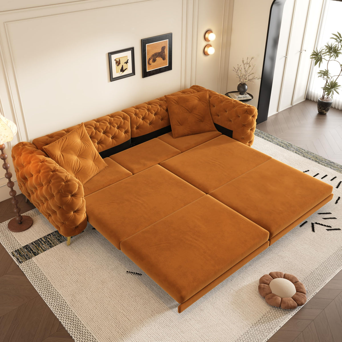 97.7" 3-in-1 Convertible Sleeper Sofa, Tufted Velvet Pull-Out Sofa Bed with Ottoman B3471