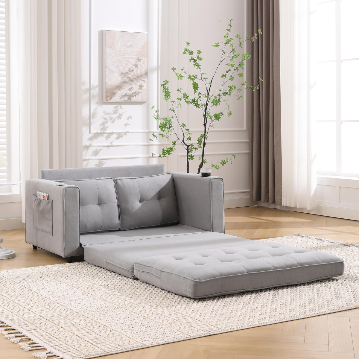 Light Gray Convertible Futon Sofa Bed with Cup Holder U3147