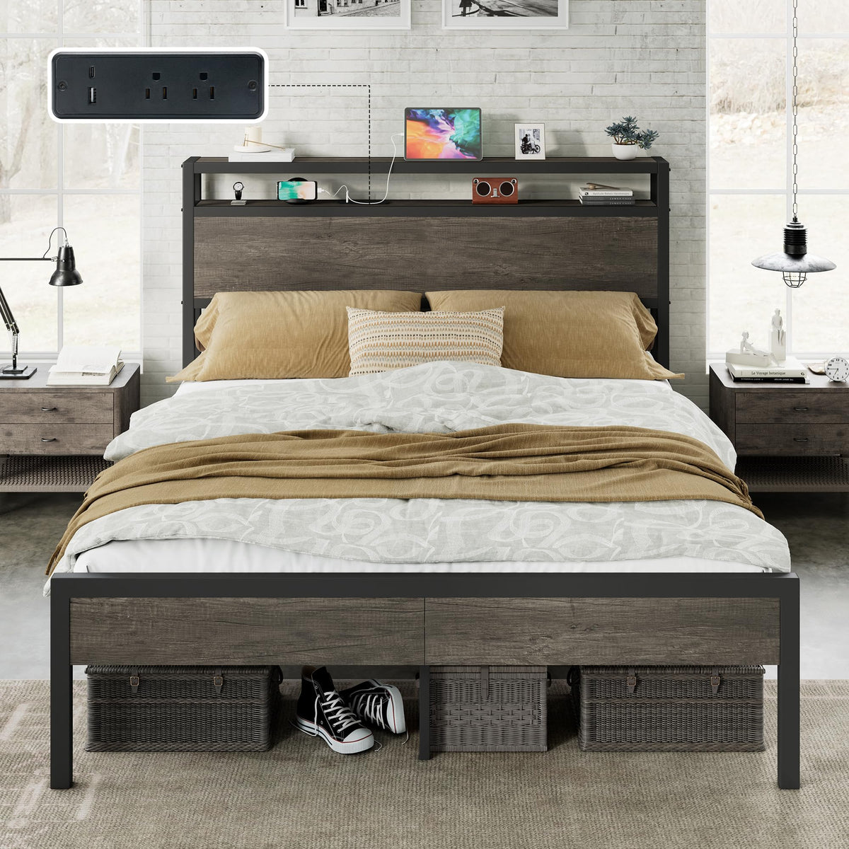 Full Size Metal Bed Frame with Charging Station K849