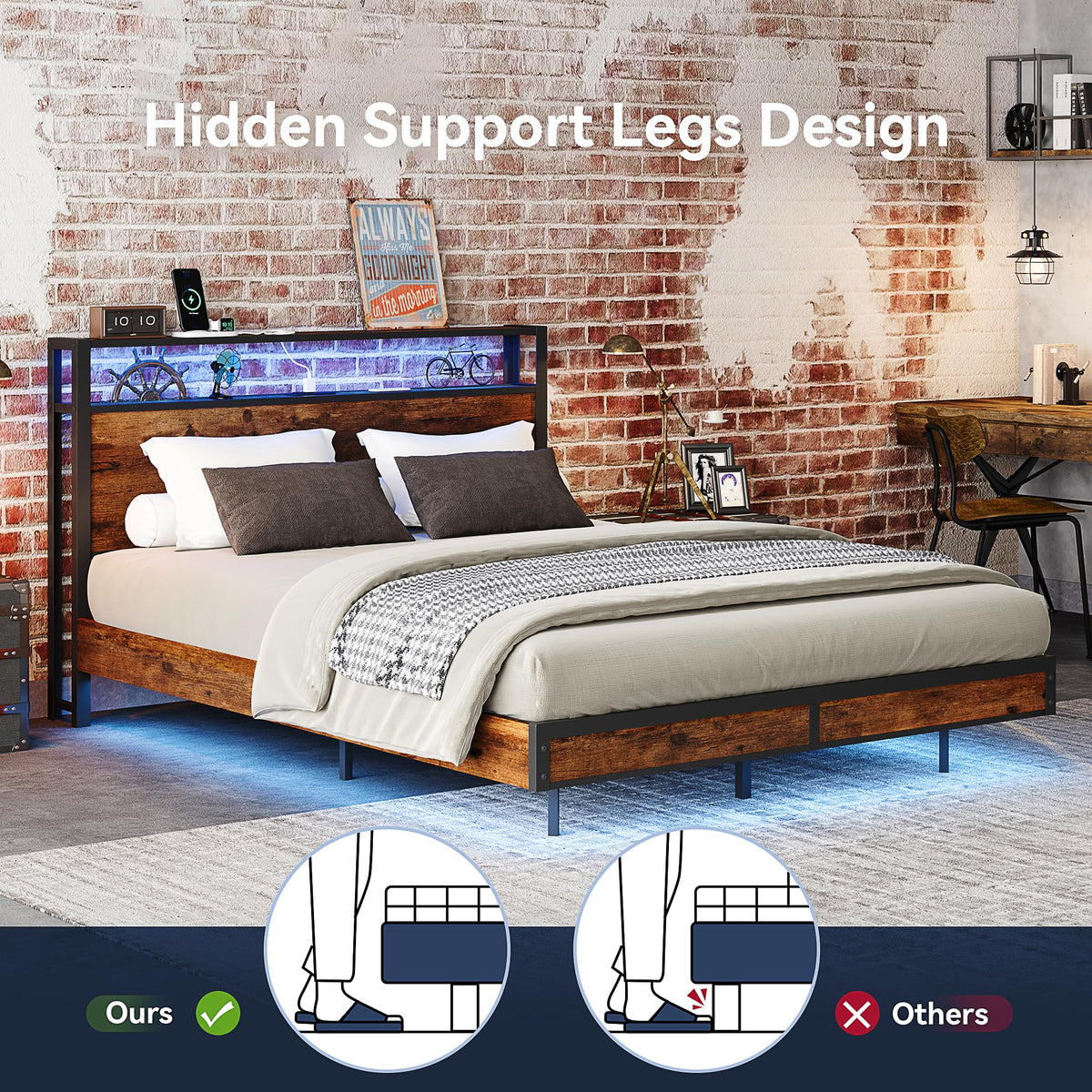 Queen Size Metal Bed Frame with Storage Headboard and Charging Station T434