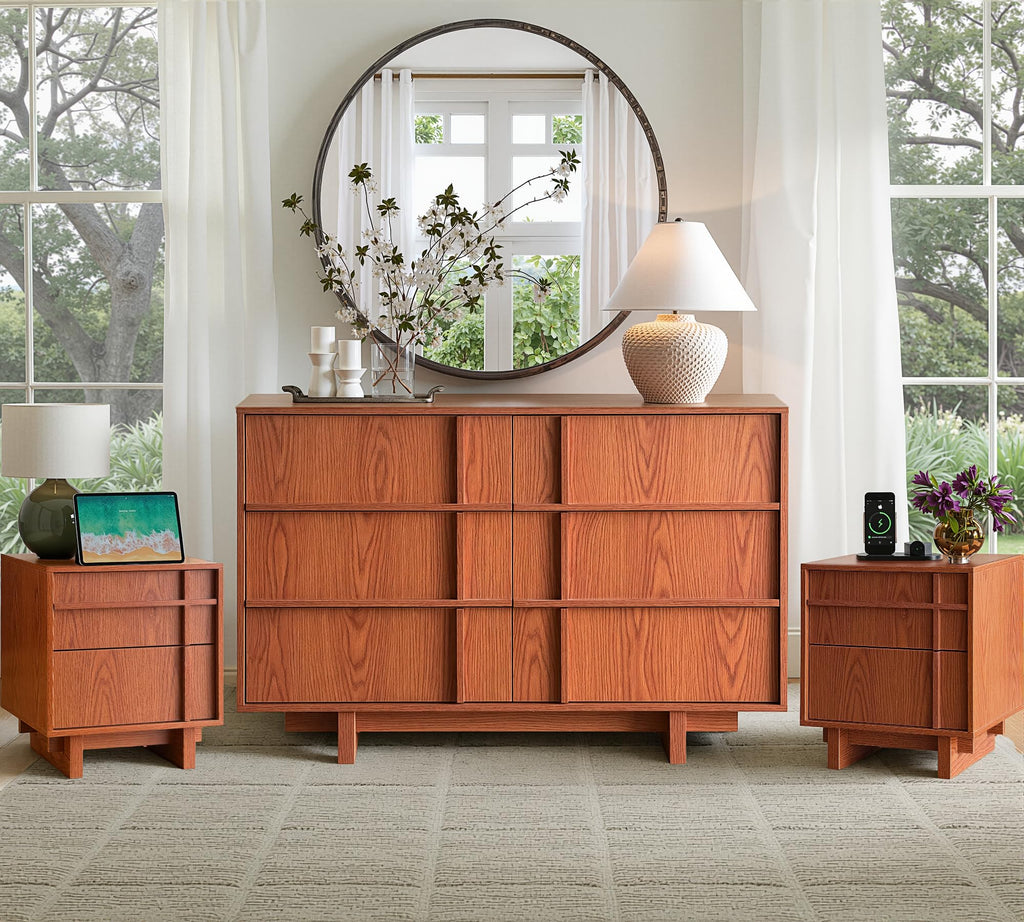 47" Wide 6 Drawer Dresser and Nightstand Set 3 Piece, Cherry N2676