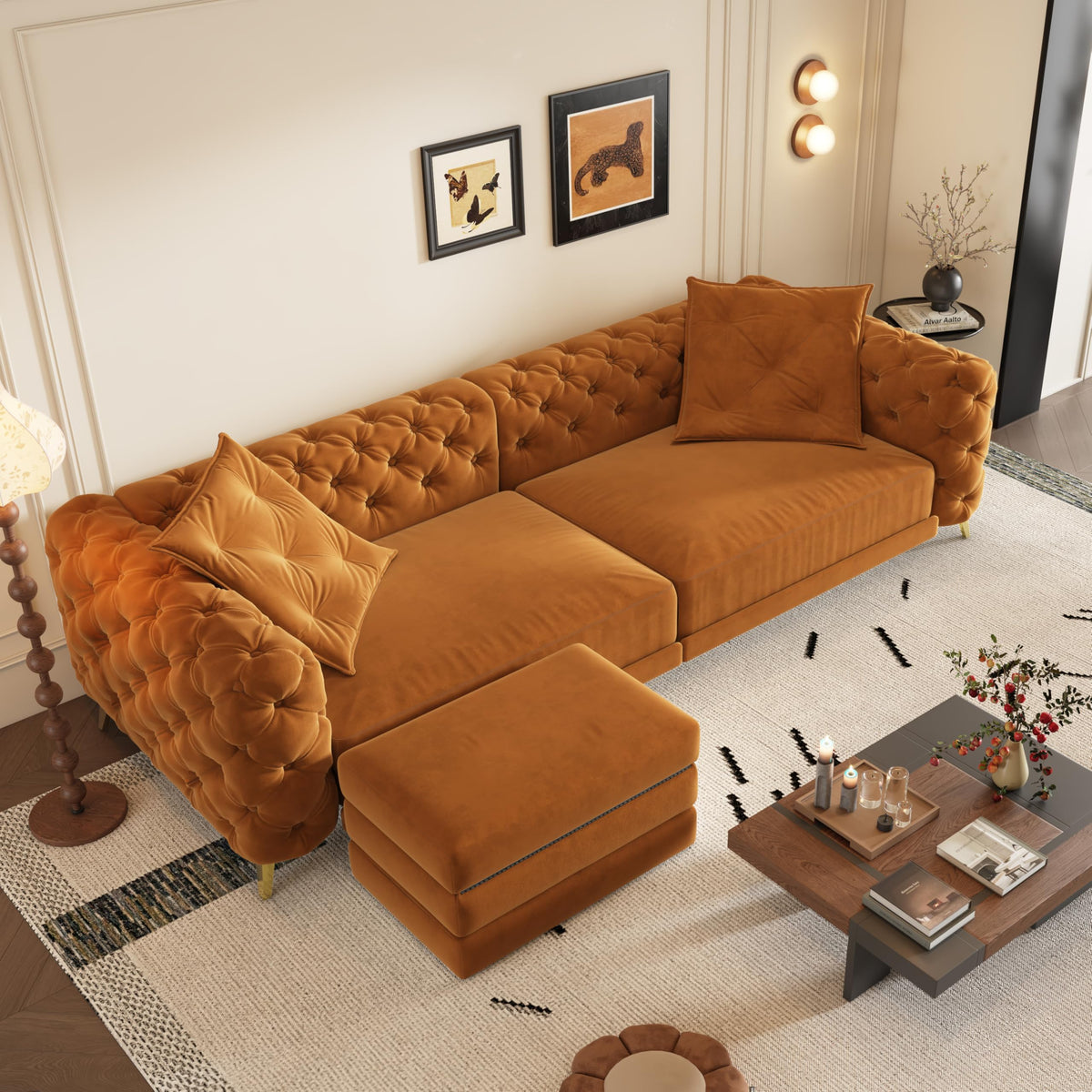 97.7" 3-in-1 Convertible Sleeper Sofa, Tufted Velvet Pull-Out Sofa Bed with Ottoman B3471