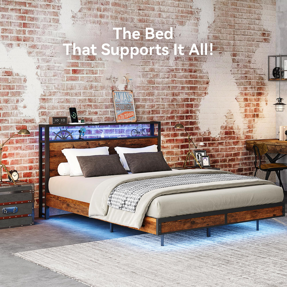 Queen Size Metal Bed Frame with Storage Headboard and Charging Station T434